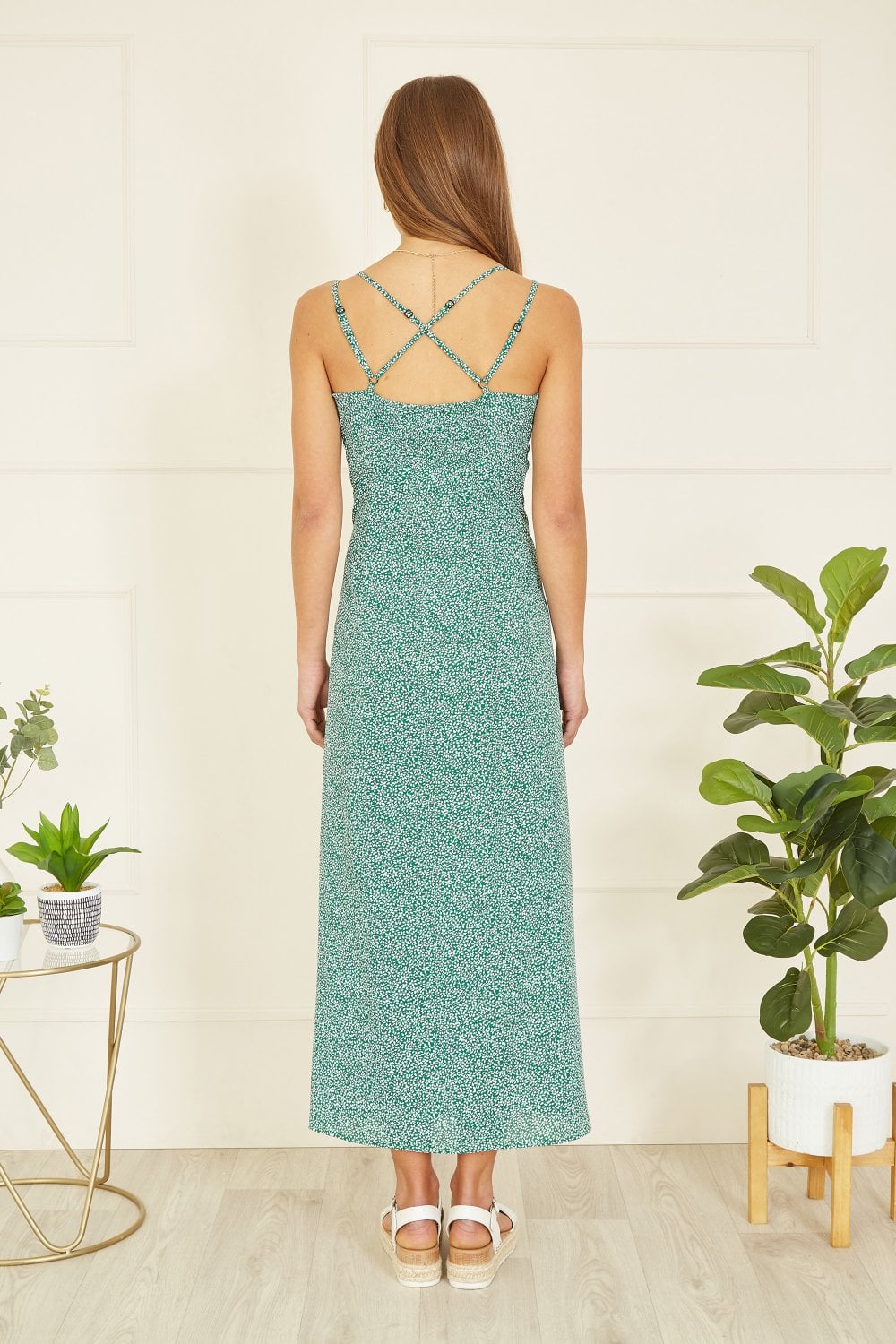 Mela Green Ditsy Print Midi Dress With Side Split Mela