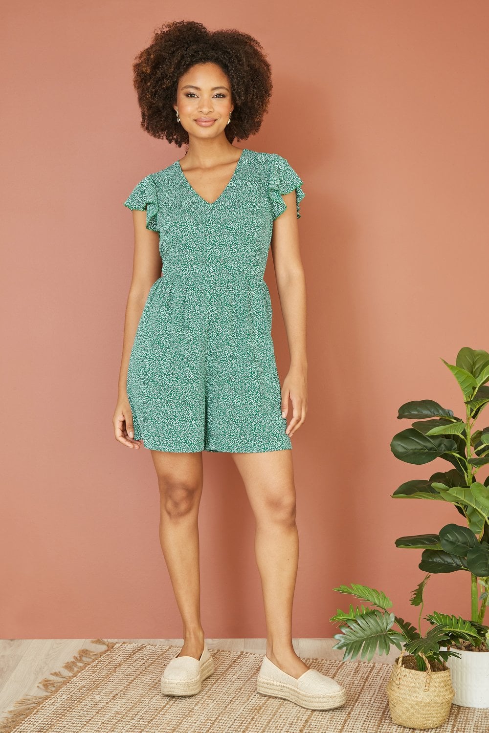 Mela Green Ditsy Print V Neck Playsuit Mela