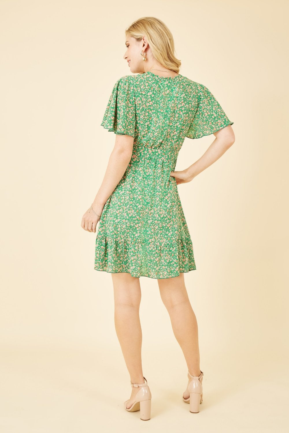 Mela Green Ditsy Print Wrap Front Skater Dress Mela