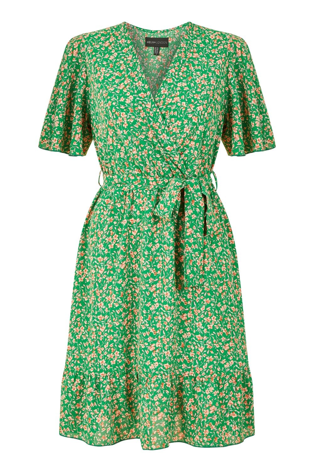 Mela Green Ditsy Print Wrap Front Skater Dress Mela