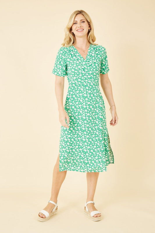 Mela Green Ditsy Print Wrap Over Dress Yumi