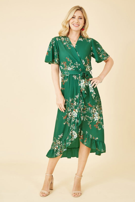 Mela Green Floral Dip Hem Wrap Midi Dress Mela