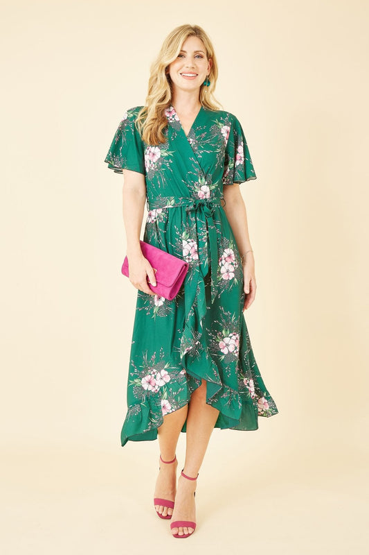 Mela Green Floral Dip Hem Wrap Midi Dress Yumi