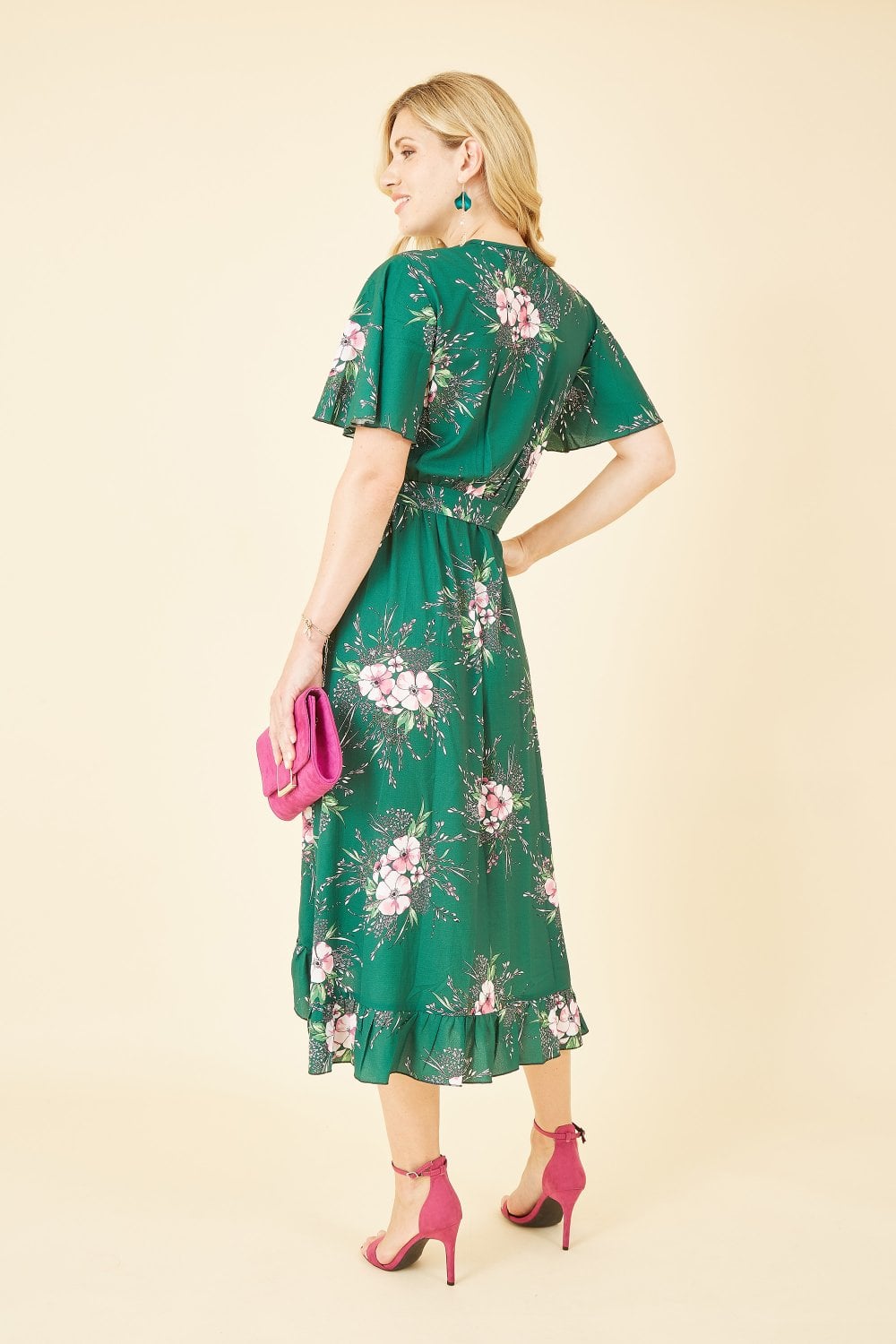 Mela Green Floral Dip Hem Wrap Midi Dress Yumi