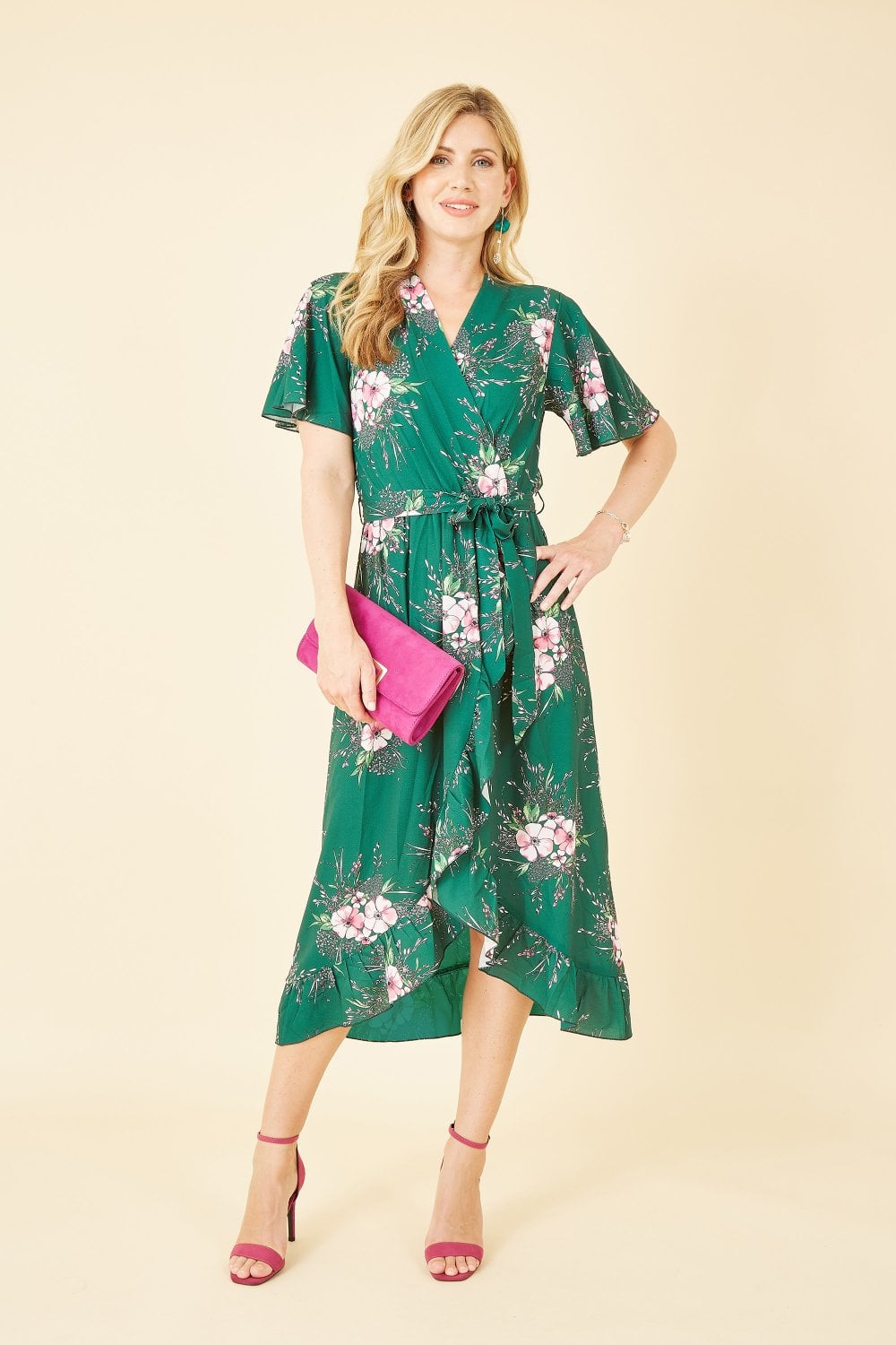 Mela Green Floral Dip Hem Wrap Midi Dress Yumi