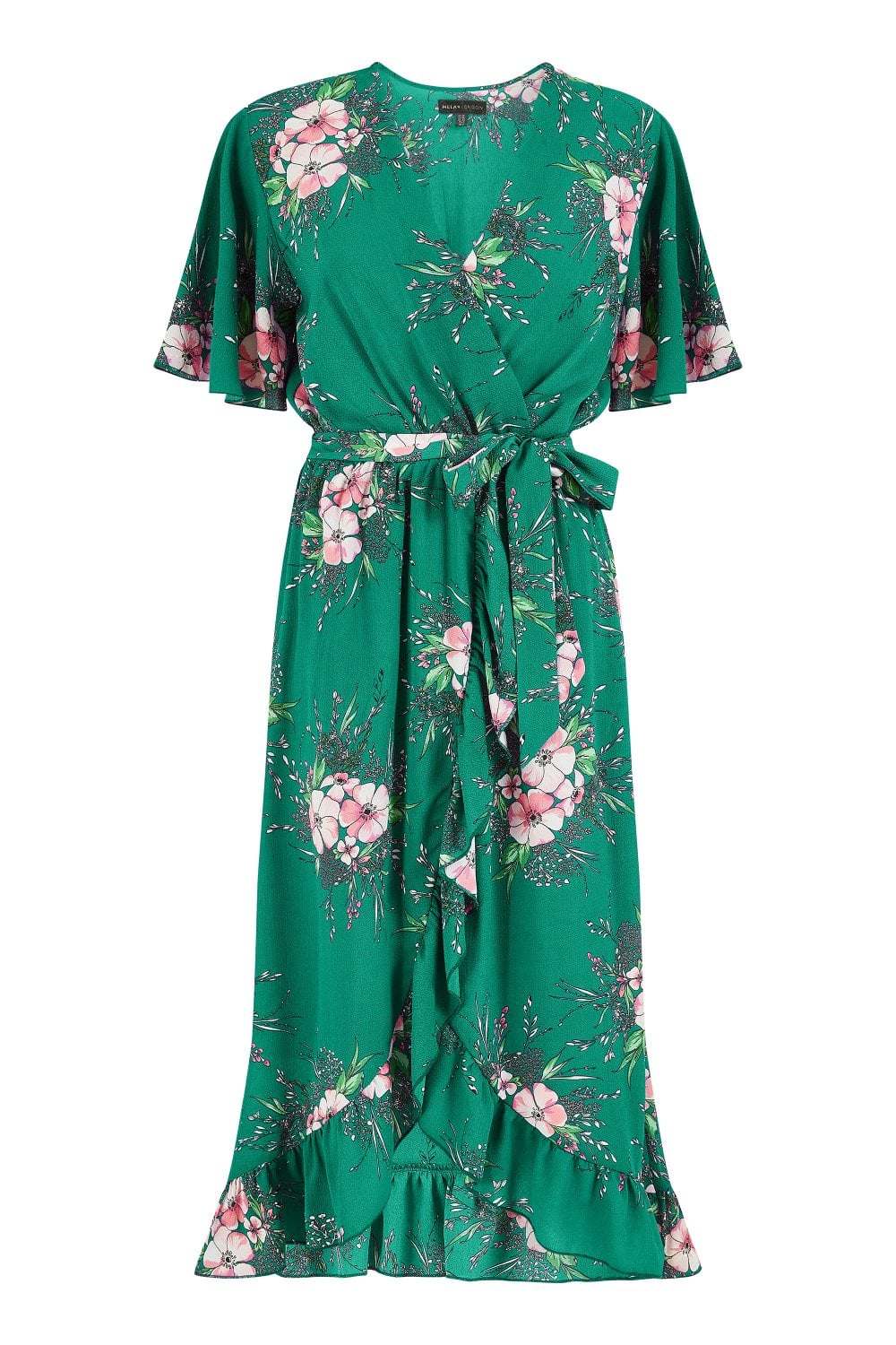 Mela Green Floral Dip Hem Wrap Midi Dress Yumi