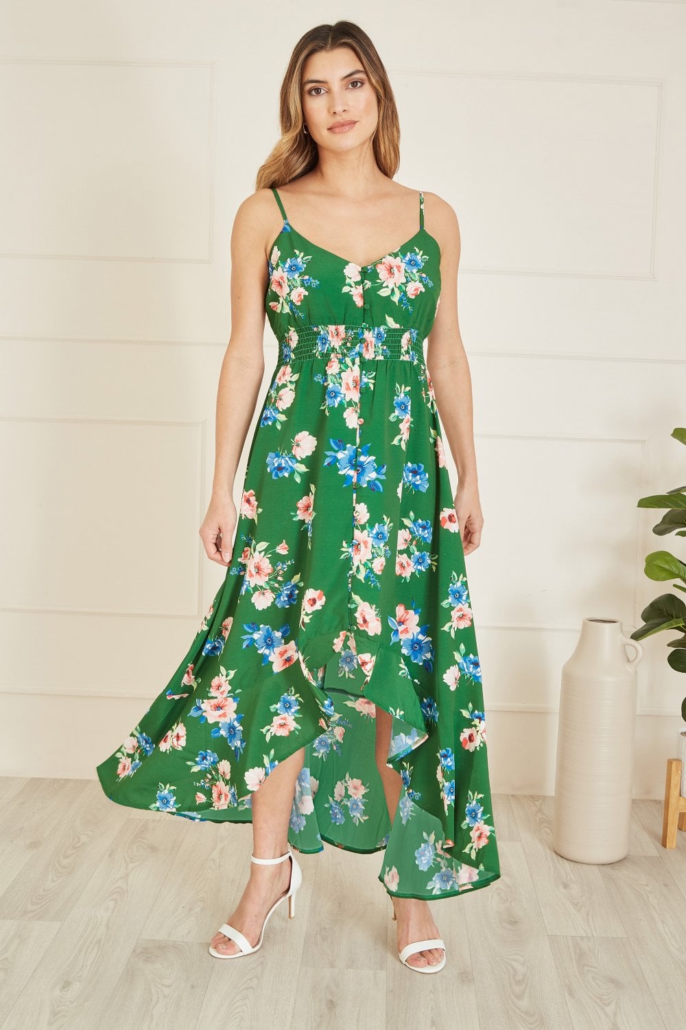 Mela Green Floral High Low Frill Midi Dress Mela