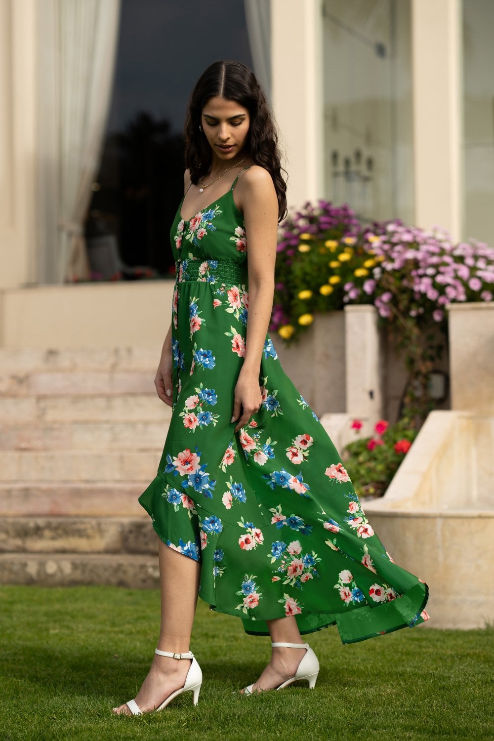 Mela Green Floral High Low Frill Midi Dress Mela