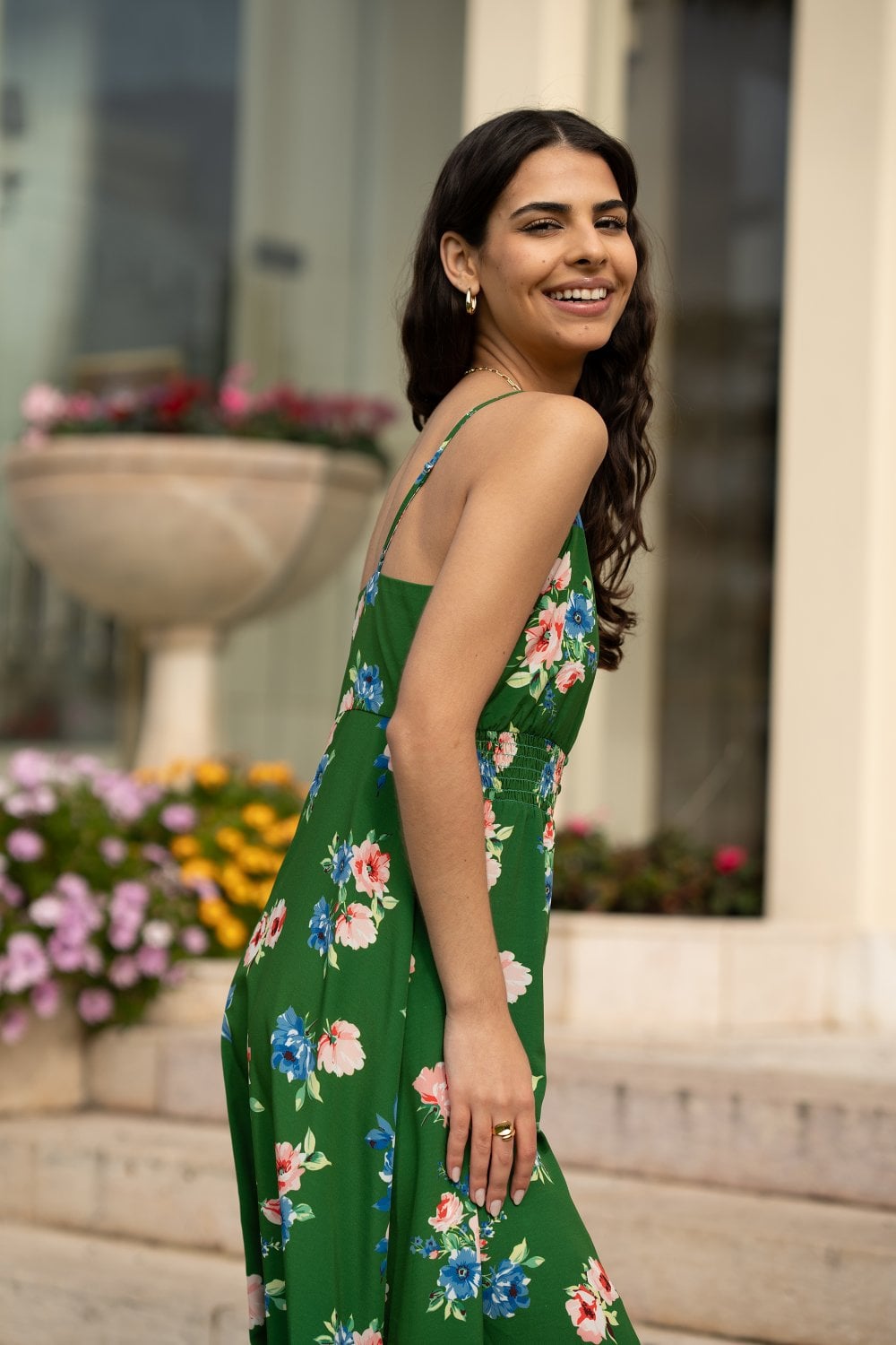 Mela Green Floral High Low Frill Midi Dress Mela