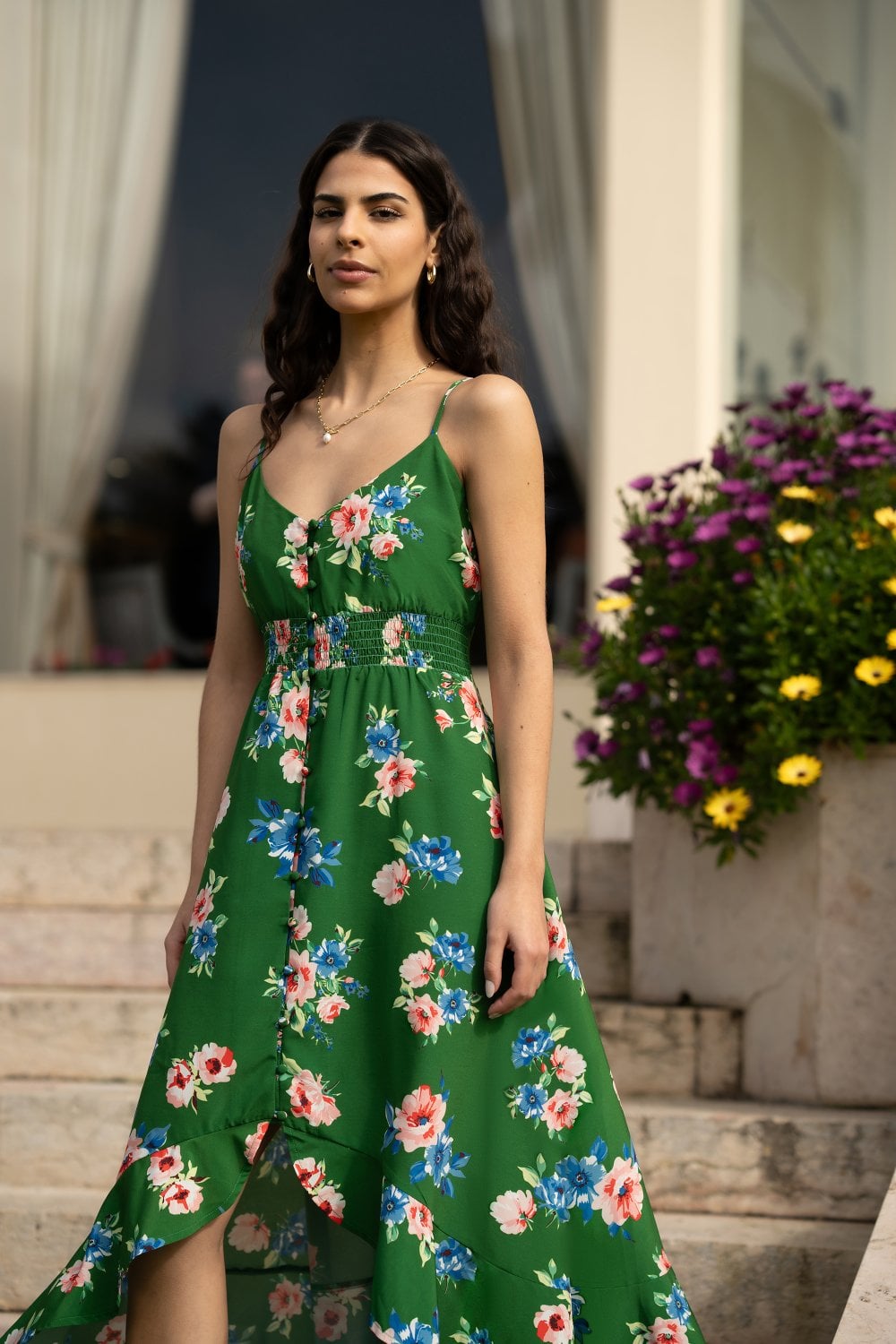 Mela Green Floral High Low Frill Midi Dress Mela