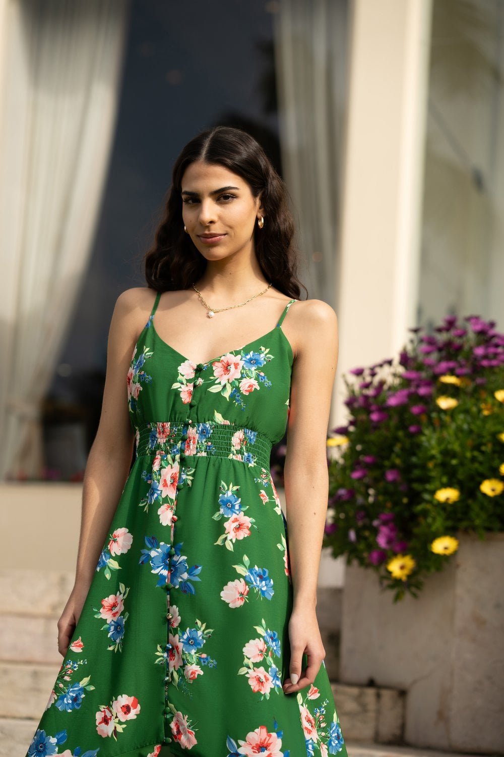 Mela Green Floral High Low Frill Midi Dress Mela