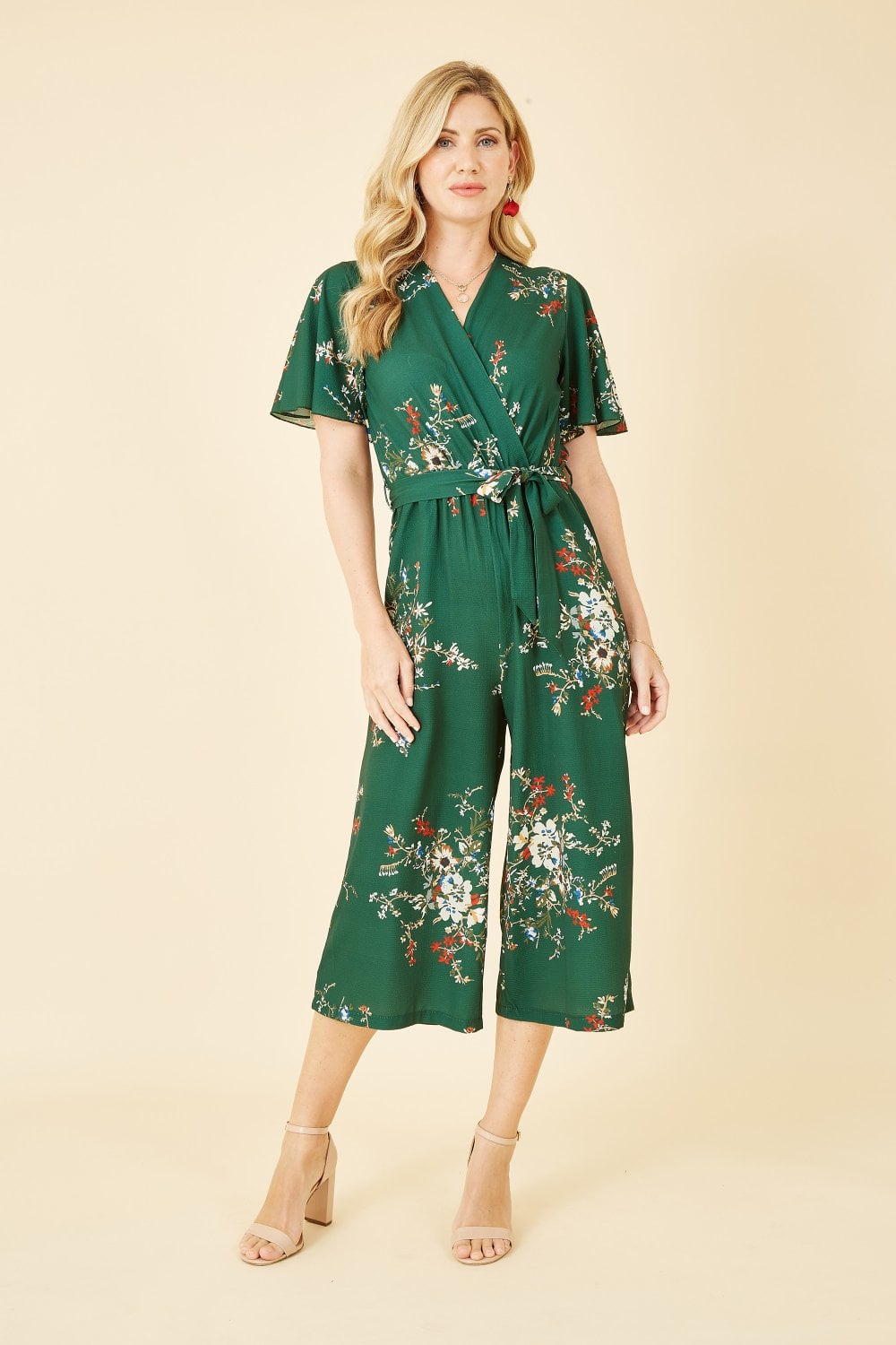 Mela Green Floral Print Jumpsuit With Angel Sleeves Mela