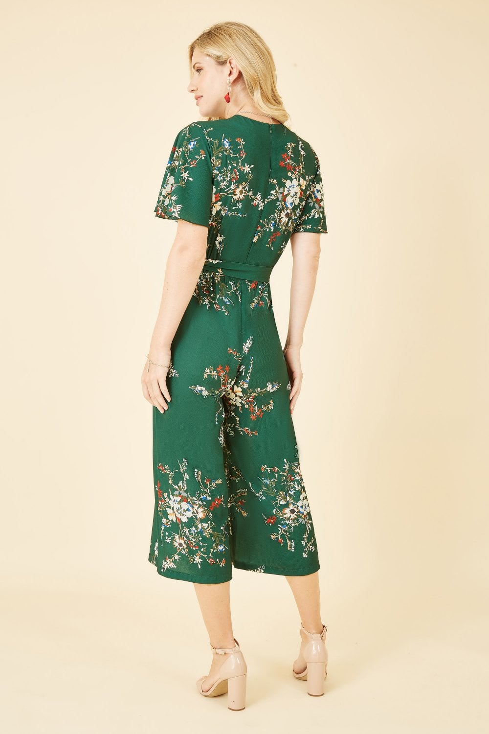 Mela Green Floral Print Jumpsuit With Angel Sleeves Mela