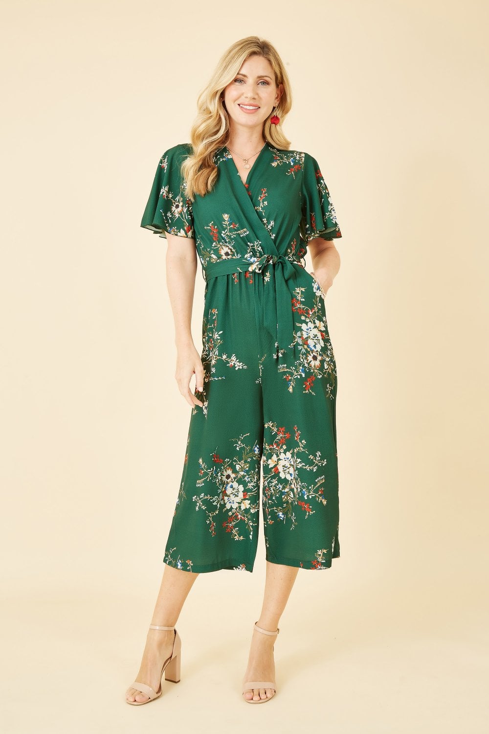 Mela Green Floral Print Jumpsuit With Angel Sleeves Mela