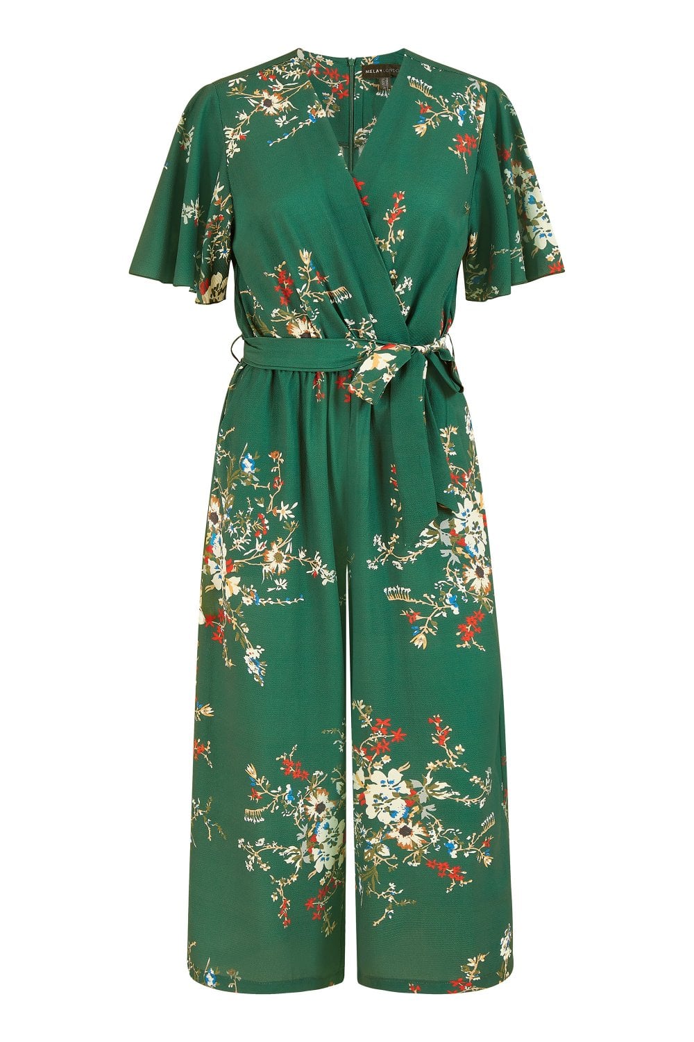 Mela Green Floral Print Jumpsuit With Angel Sleeves Mela