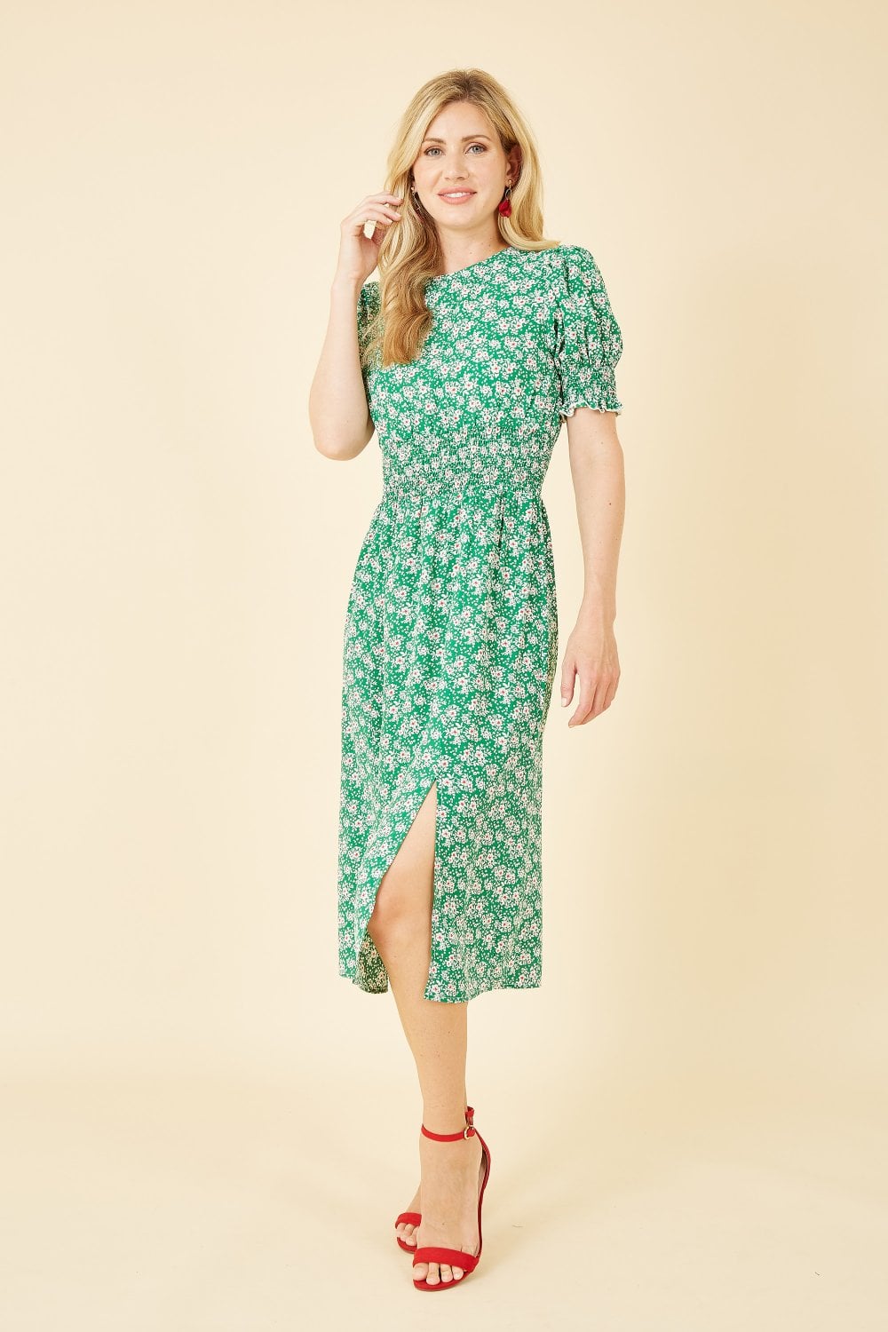 Mela Green Floral Print Shirred Waist Midi Dress Mela