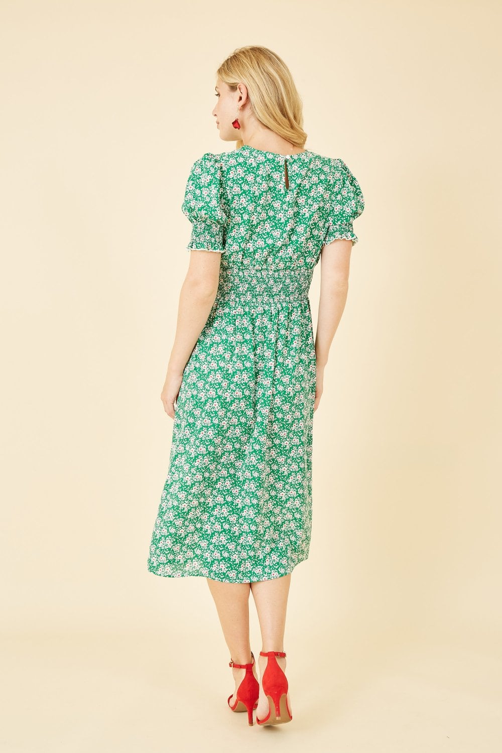 Mela Green Floral Print Shirred Waist Midi Dress Mela