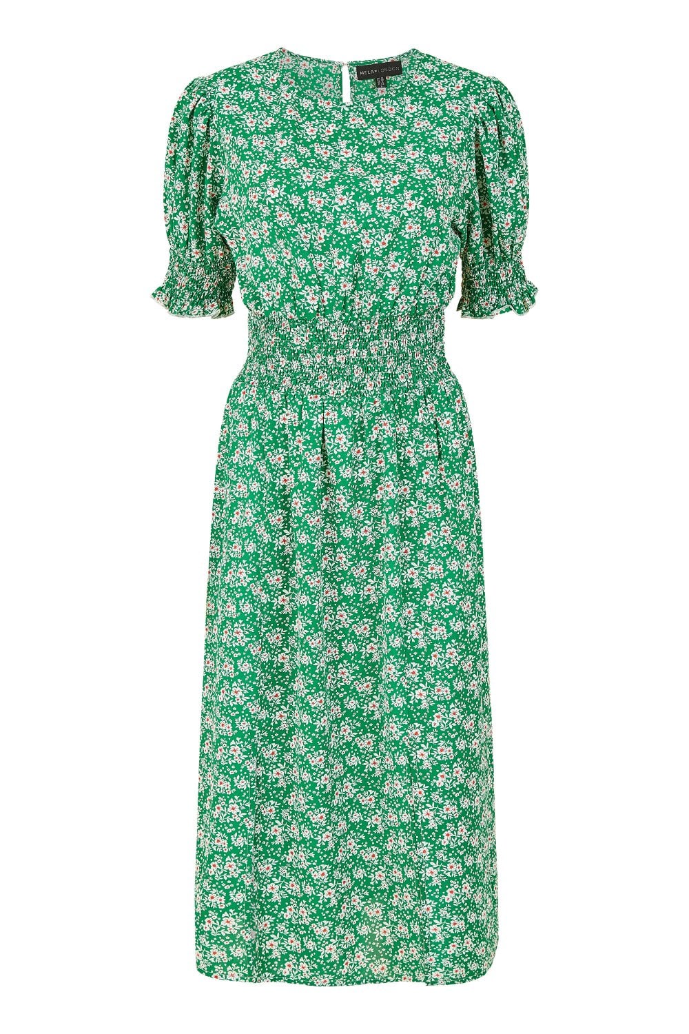 Mela Green Floral Print Shirred Waist Midi Dress Mela