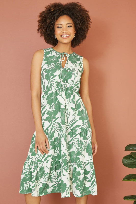 Mela Green Floral Relaxed Sleeveless Midi Dress Mela