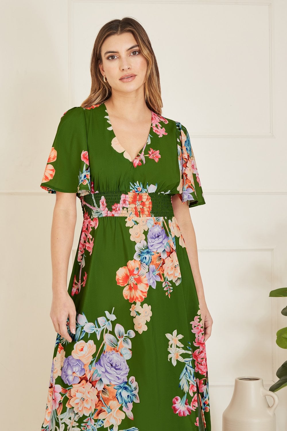 Mela Green Floral Ruched Waist Maxi Dress With Split Hemline Mela