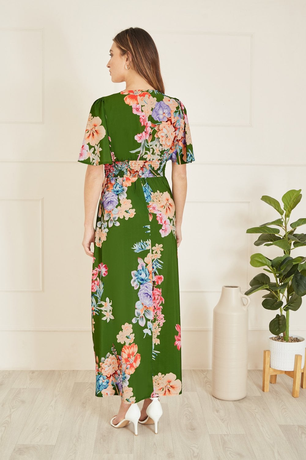 Mela Green Floral Ruched Waist Maxi Dress With Split Hemline Mela