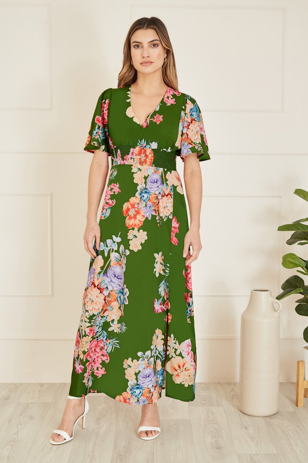 Mela Green Floral Ruched Waist Maxi Dress With Split Hemline Mela