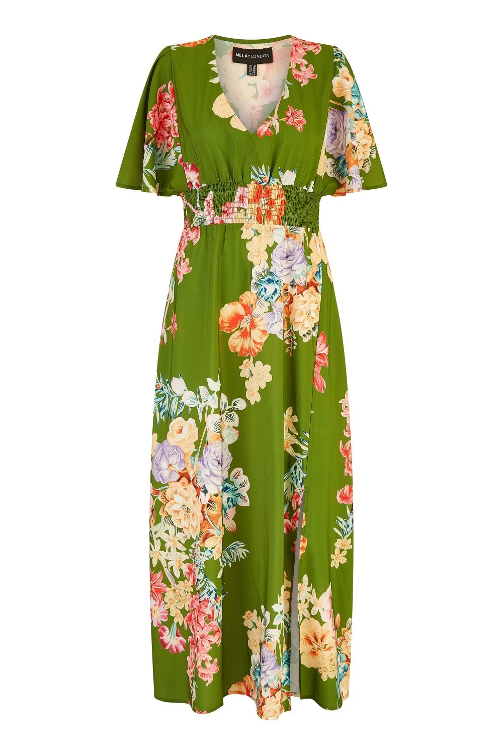 Mela Green Floral Ruched Waist Maxi Dress With Split Hemline Mela