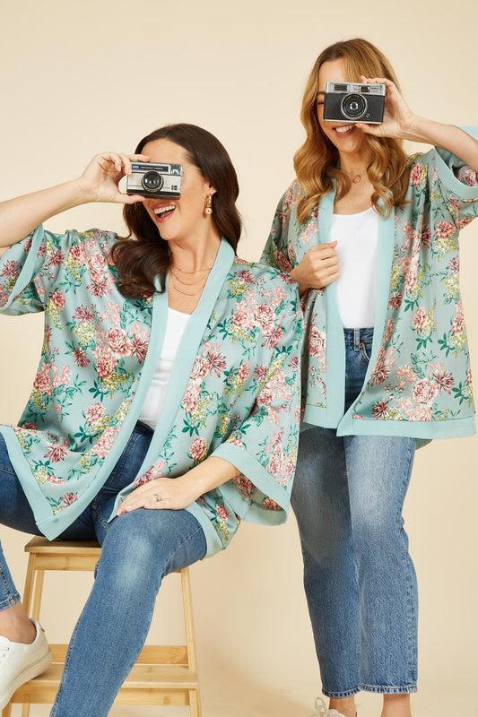 Mela Green Floral Satin Kimono Mela