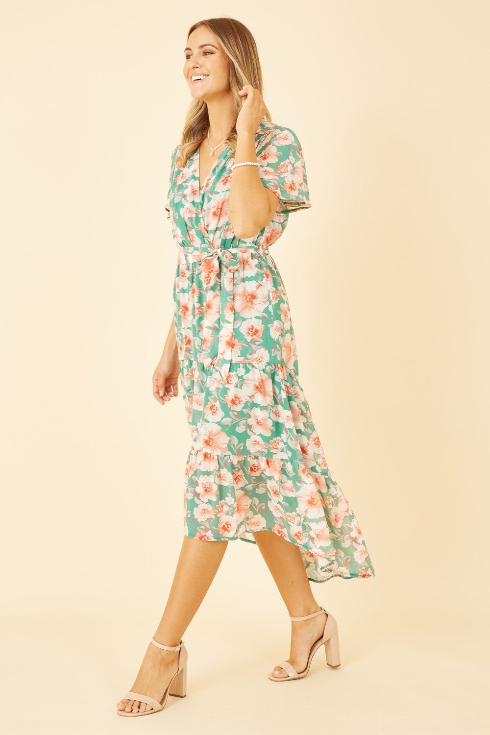 Mela Green Floral Wrap Dress With Tiered Dipped Hem Mela