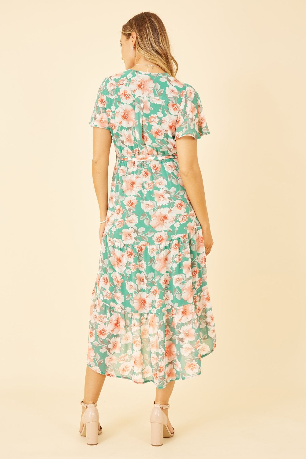 Mela Green Floral Wrap Dress With Tiered Dipped Hem Mela