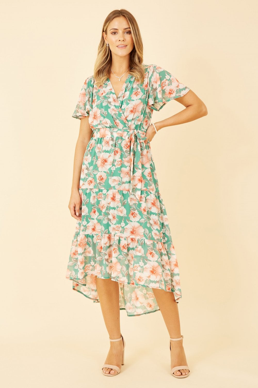 Mela Green Floral Wrap Dress With Tiered Dipped Hem Mela