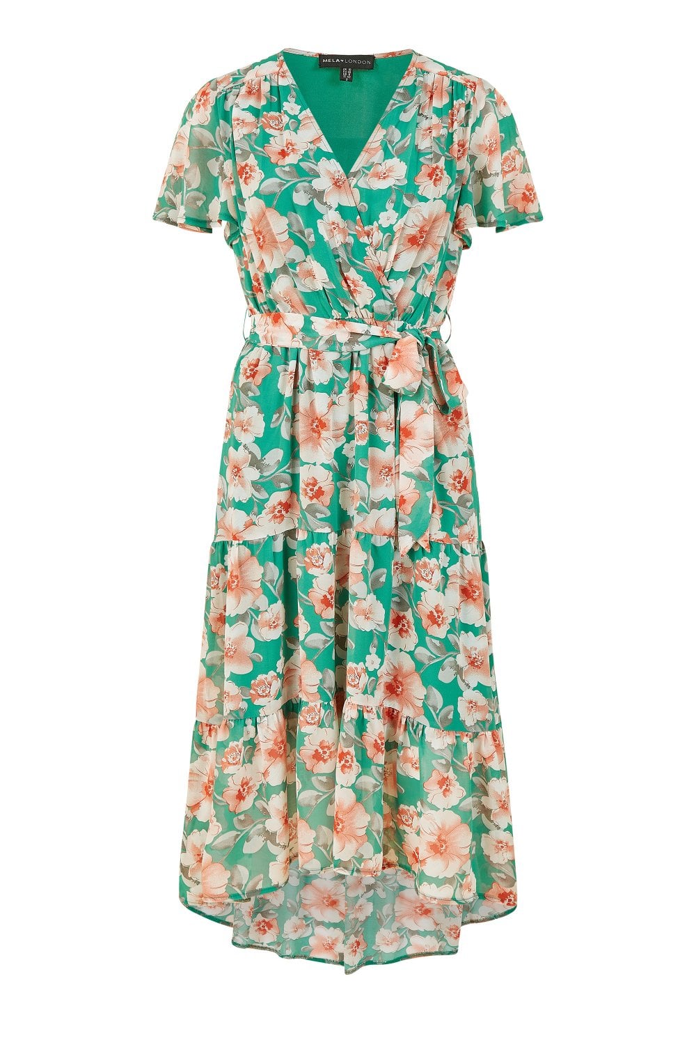 Mela Green Floral Wrap Dress With Tiered Dipped Hem Mela