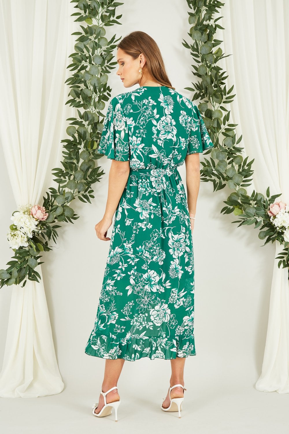 Mela Green Floral Wrap Midi Dress With Frill Detail Yumi