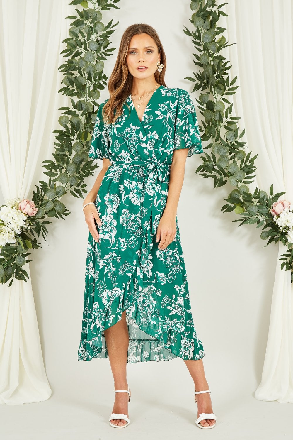 Mela Green Floral Wrap Midi Dress With Frill Detail Yumi