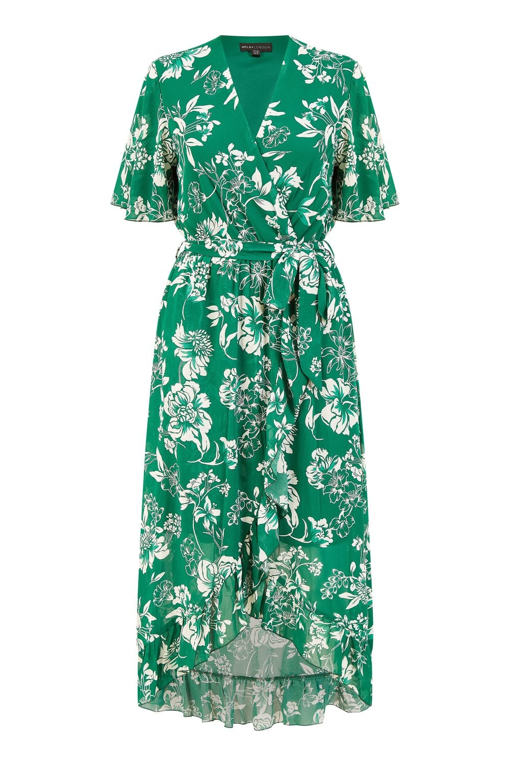 Mela Green Floral Wrap Midi Dress With Frill Detail Yumi