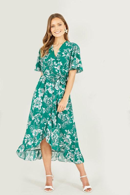 Mela Green Floral Wrap Midi Dress With Frill Detail Yumi