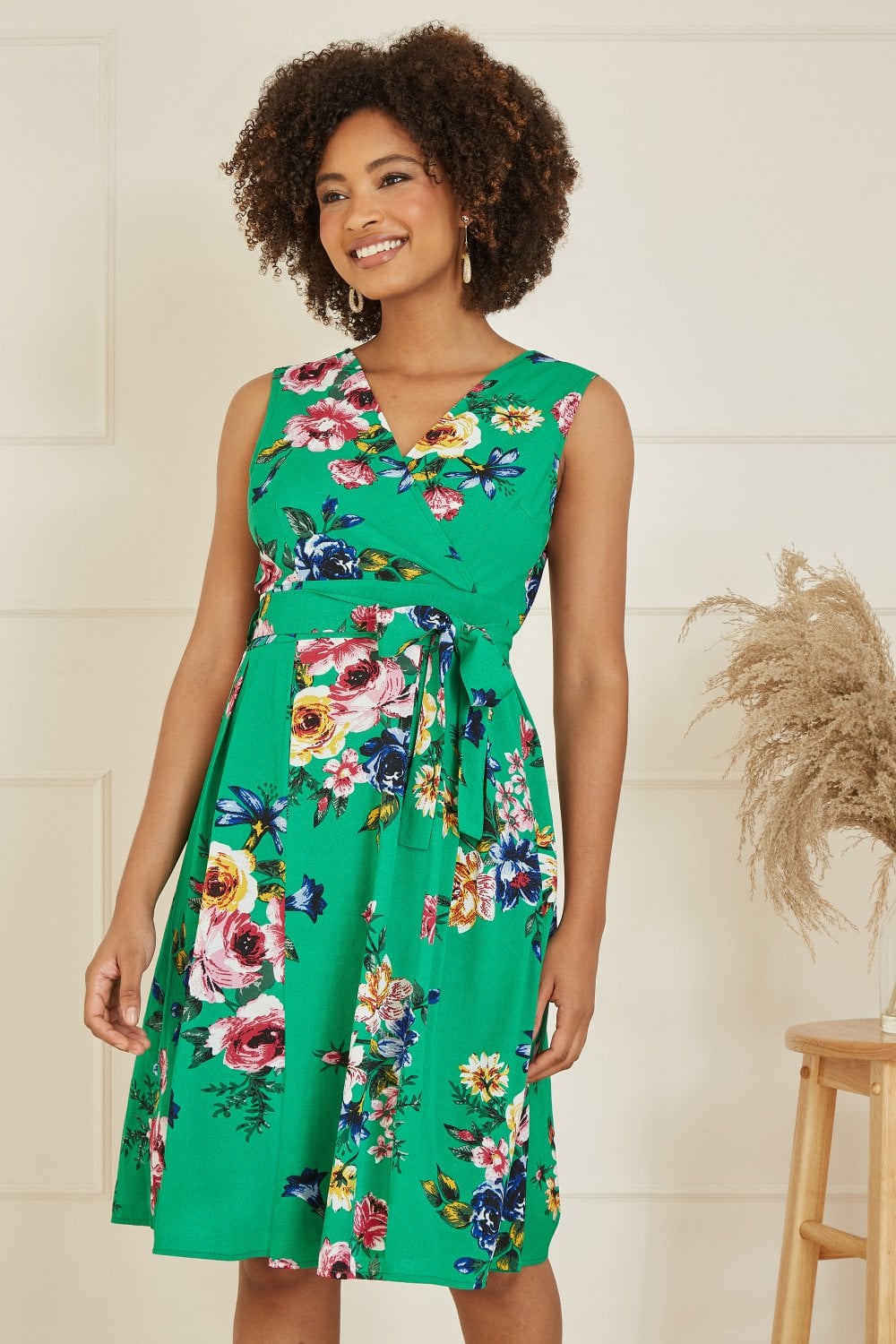 Mela Green Floral Wrap Over Midi Skater Dress Yumi