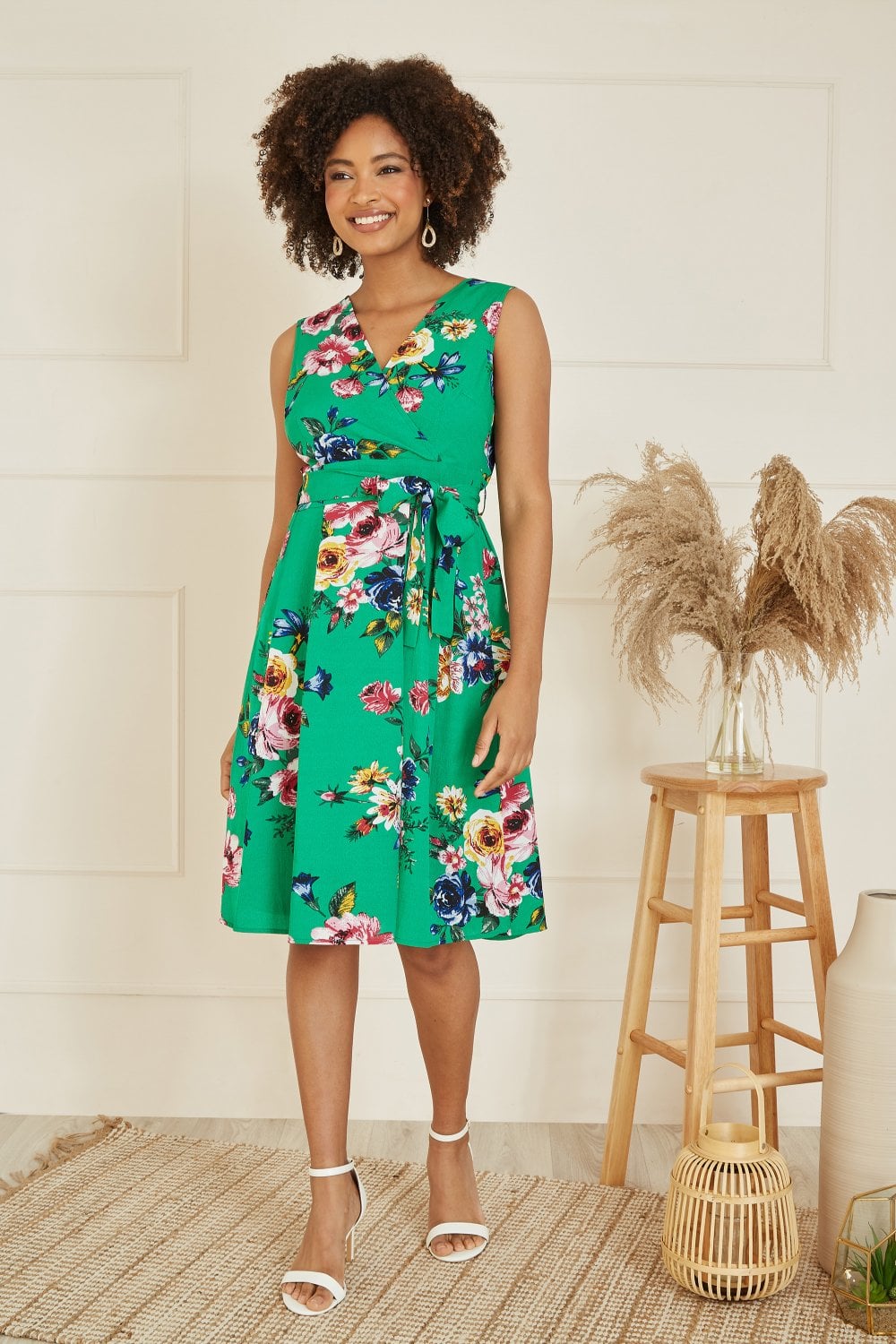 Mela Green Floral Wrap Over Midi Skater Dress Yumi