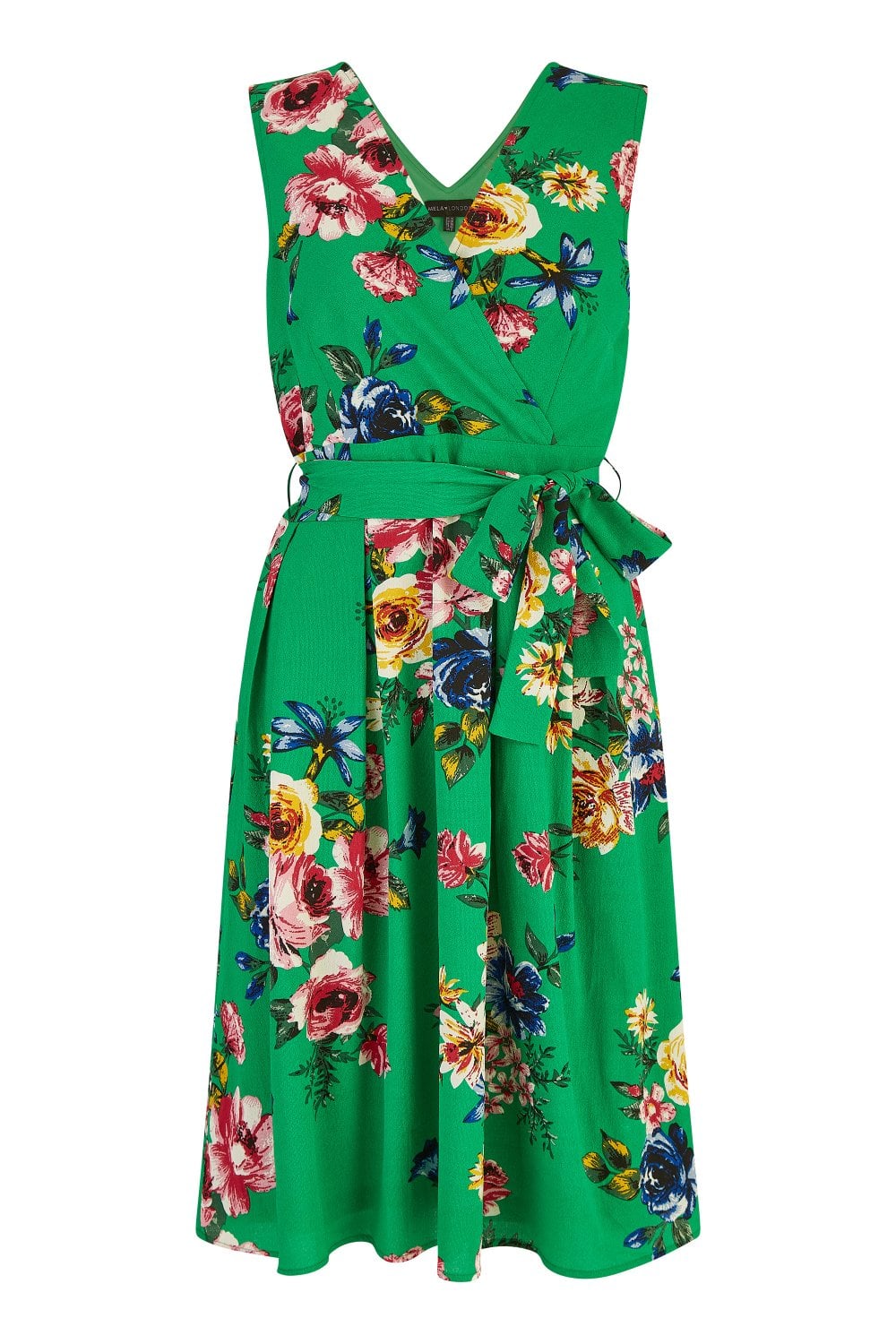 Mela Green Floral Wrap Over Midi Skater Dress Yumi