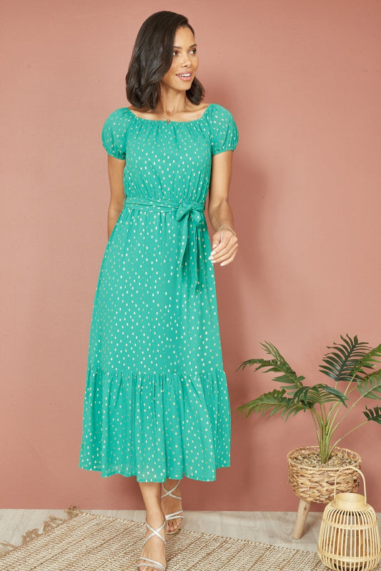 Mela Green Foil Print Bardot Midi Dress Mela