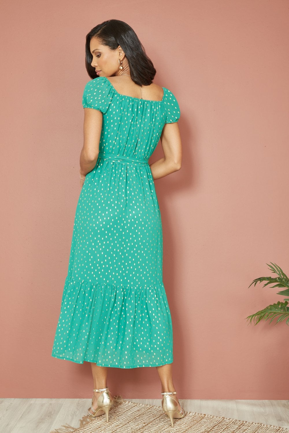 Mela Green Foil Print Bardot Midi Dress Mela