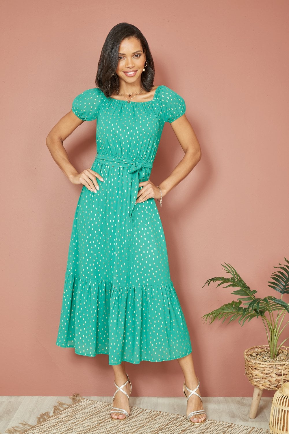 Mela Green Foil Print Bardot Midi Dress Mela