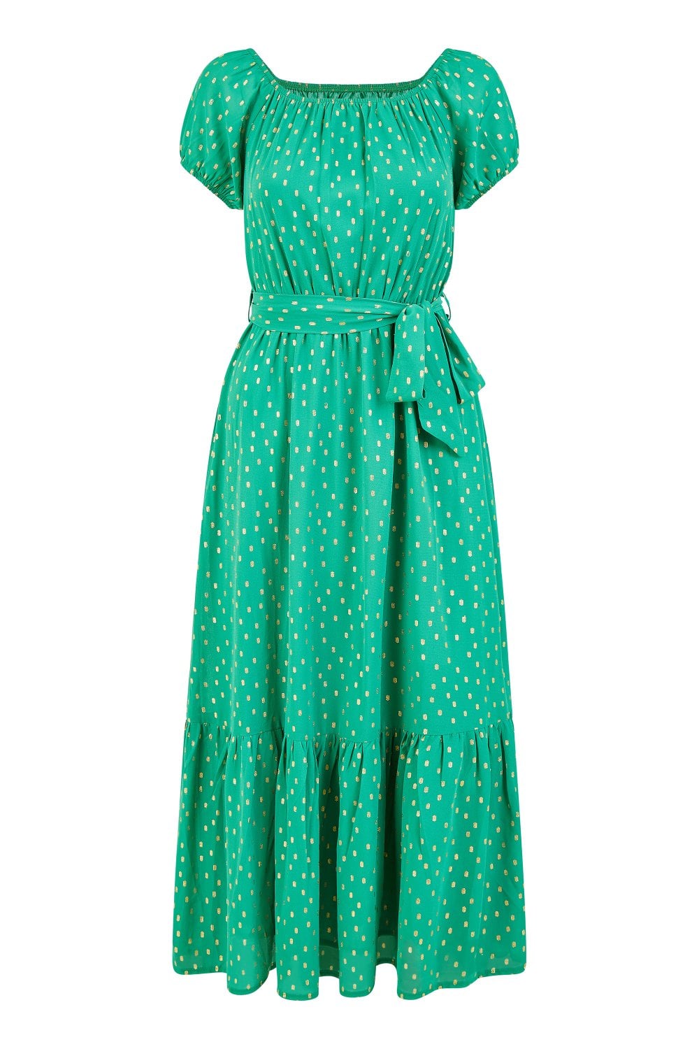 Mela Green Foil Print Bardot Midi Dress Mela