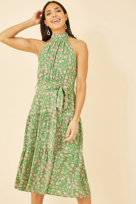 Mela Green Halter Neck Floral Midi Dress Mela