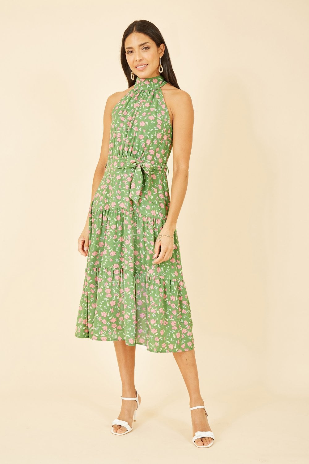 Mela Green Halter Neck Floral Midi Dress Mela