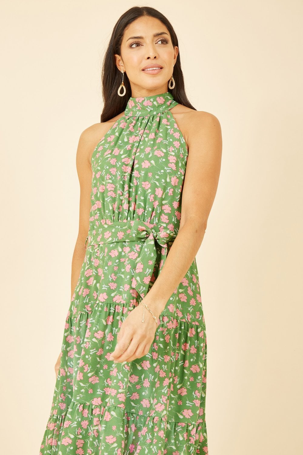 Mela Green Halter Neck Floral Midi Dress Mela