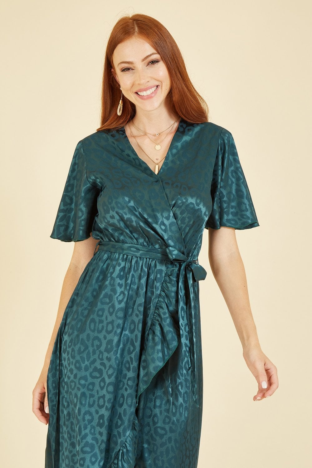 Mela Green Jacquard Leopard Print Wrap Midi Dress Yumi