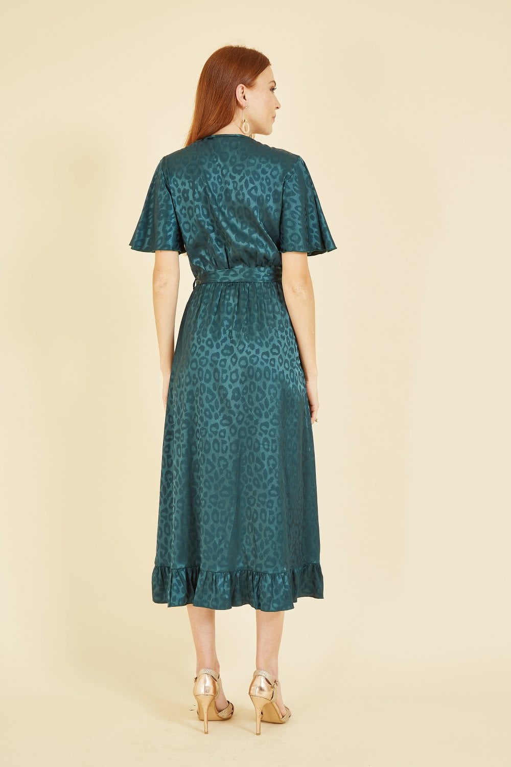 Mela Green Jacquard Leopard Print Wrap Midi Dress Yumi