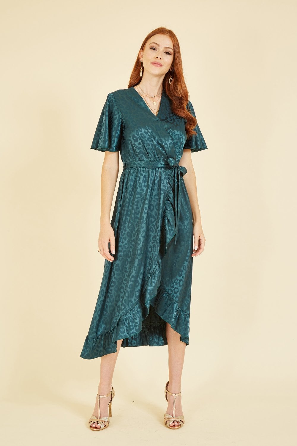 Mela Green Jacquard Leopard Print Wrap Midi Dress Yumi