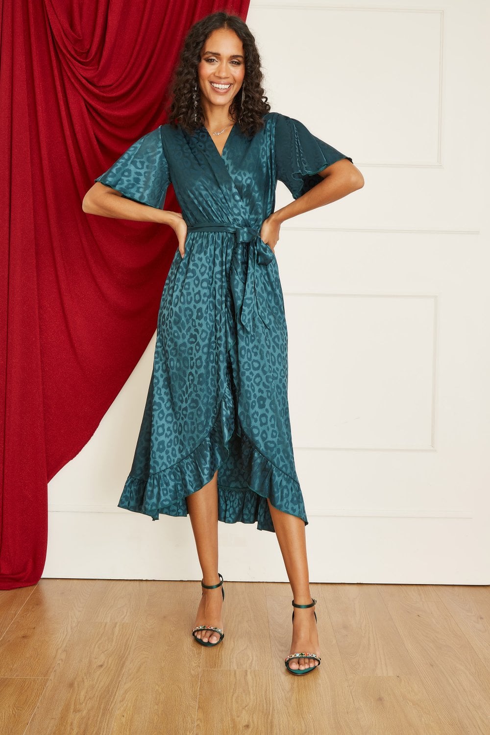 Mela Green Jacquard Leopard Print Wrap Midi Dress Yumi